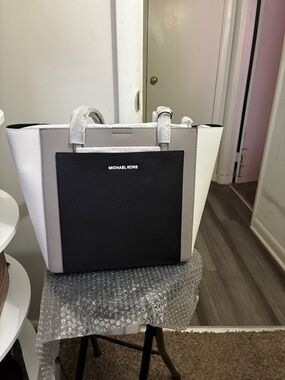 Michael Kors Black, Light Gray and White Colorblock Leather Tote